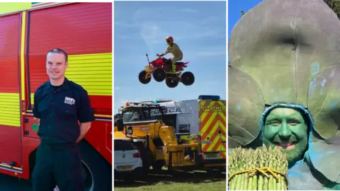 A three‑panel image showing a firefighter standing in front of a fire engine, a person riding a quad bike in mid‑air near emergency vehicles, and a person wearing a large vegetable costume with asparagus visible.

