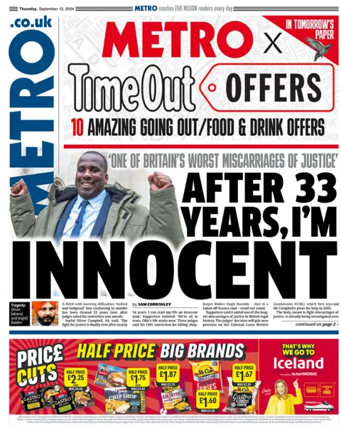 The Metro headline reads: After 33 years, I'm innocent