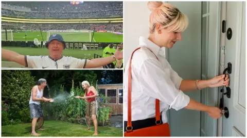 Montage: A smiling man wearing an England football jersey and a bucket hat stands with his arms wide open in front of a large, packed stadium pitch; below left: A man and woman laugh as they playfully spray each other with water from garden hoses on a lush green lawn; Right: A woman with pink-tinted blonde hair in a bun stands at a light blue front door, using both hands to unlock or open it.