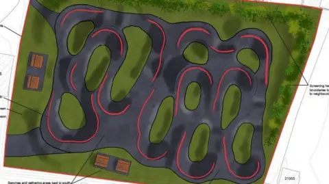 Guernsey Velo Club Animated image of pump track plans and blue prints, show several ramps on a green patch of land.