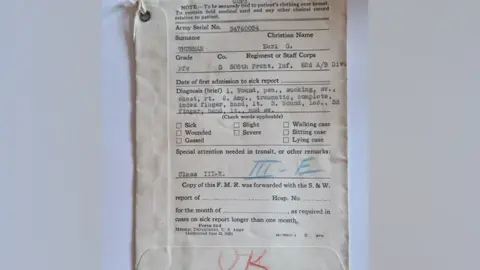 Andy Garner A whiteish medical envelope listing Earl Thurman's injuries, including information on a wound to his chest and the amputation of his index finger