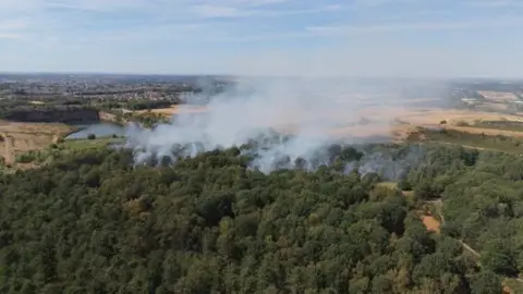 Nottinghamshire Fire and Rescue Service A photo from above of a large area woodland with smoke rising above it. 