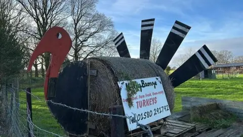 Large turkey sign at gate of Woolpack Corner Farm in Biddenden