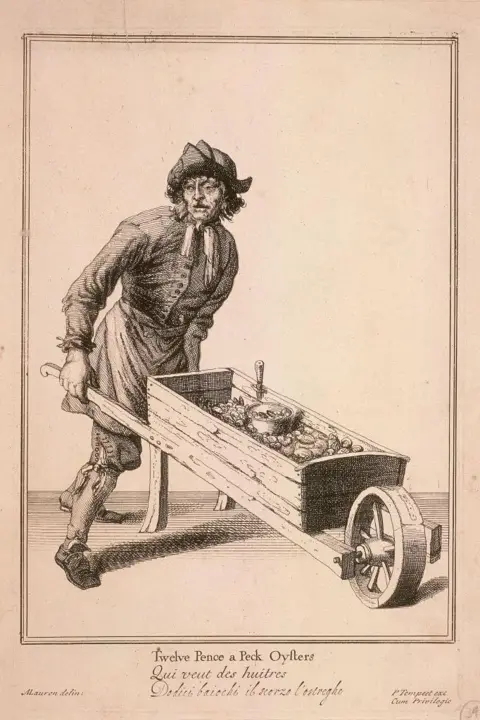 Getty Images A 17th Century etching of an oyster seller pushing a wooden barrel