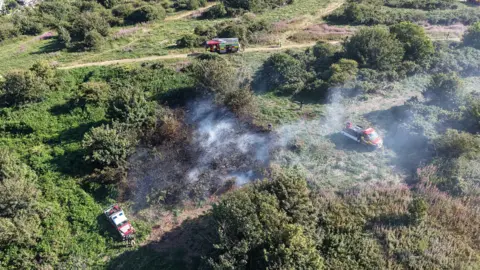 A large area of grass is on fire, surrounded by firefighters