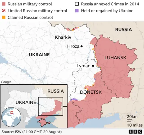 A map showing Ukraine with occupied territories