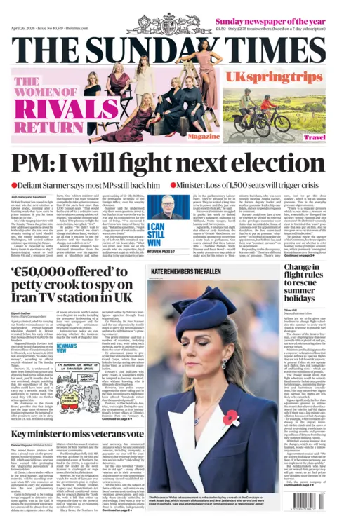 The headline on the front page of the Sunday Times reads: “PM: I will fight next election”. 