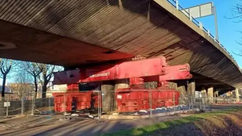 A temporary prop holds up the failing Gateshead flyover in 2024
