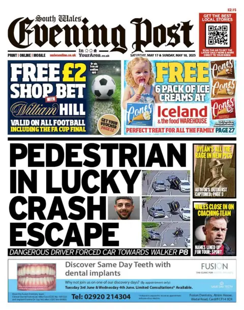 South Wales Evening Post Front page of the South Wales Evening Post newspaper with the splash headline: "Pedestrian in lucky crash escape". At the top of the  page are adverts for Iceland ice creams and William Hill betting shop, while at the bottom is an advert for Fusion dentistry. Other headlines on the page are as follows: "Dylan's all the rage in new pics" and "Wales close in on coaching team".