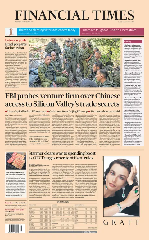 The front page of the Financial Times. The headline reads: 'Lebanon push:  Israel prepares for incursion'.