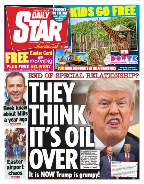 The headline on the front page of the Daily Star reads: "They think it's oil over."