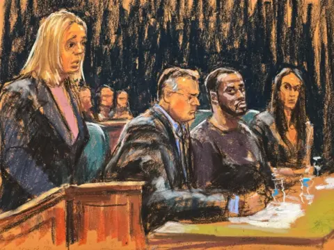 Reuters A courtroom sketch shows Assistant US Attorney Emily Johnson arguing for the prosecution as Sean "Diddy" Combs and his defence lawyers Marc Agnifilo and Teny Geragos sit nearby during a bail hearing in federal court in Manhattan