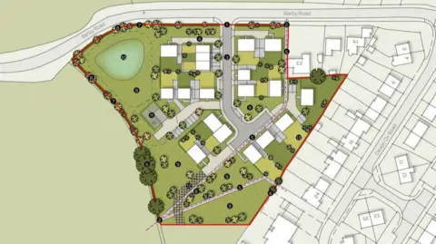 Richborough Estates A map of the approved site from a birds eye view. There is one main road to be built through the site with smaller roads leading off to properties.