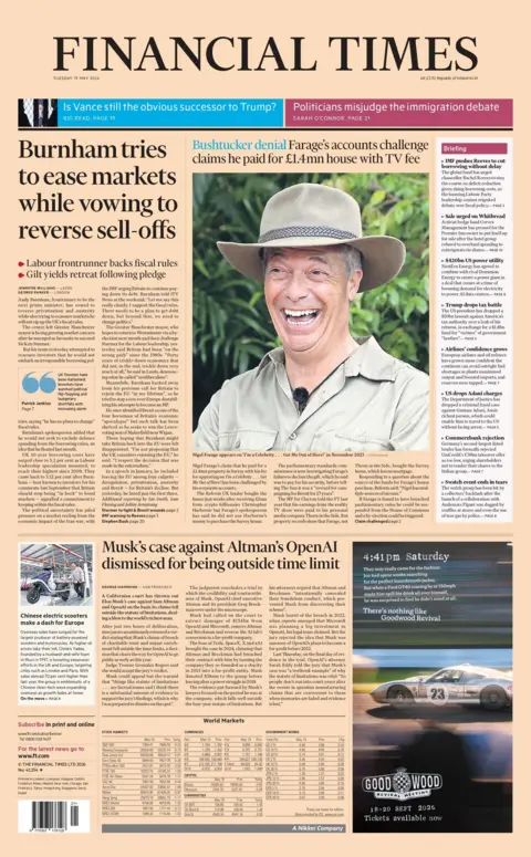 The headline on the front page of the Financial Times reads: "Burnham tries to ease markets while vowing to reverse sell-off".