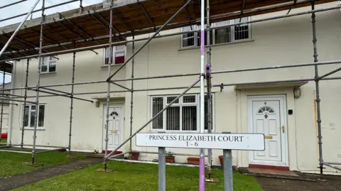 BBC Houses covered in scaffolding. There is a sign in the foreground that reads Princess Elizabeth Court.