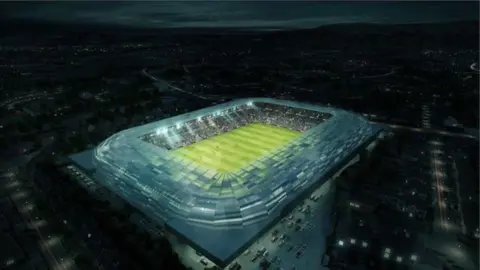 An artist's impression of the proposed new stadium, which would have a capacity of 34,500