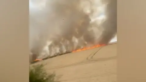 Fire across a field with smoke rising above