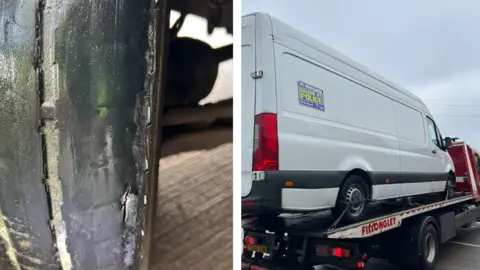 Warwickshire Police Composite image showing, on the left, a very worn tyre in close-up, and on the right, a white van on a low-loader lorry with a "seized by police" sticker on its side.