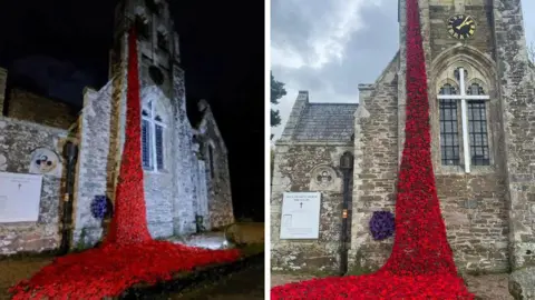 A composite image showing the Holy Trinity Church in Tresillian. On the left is a night time view of the poppy display, which is seen draping from the bell tower. On the right is a day view showing the poppies in vivid red on a cloudy day.