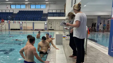 The FitzWimarc School pupils George Coverly, 17, George Nagle, 17, Jack Minney, 17 and Henry Dean, 18, completing a swim the distance equivalent to the English Channel at Southend Leisure & Tennis centre on Thursday 28th November 2024