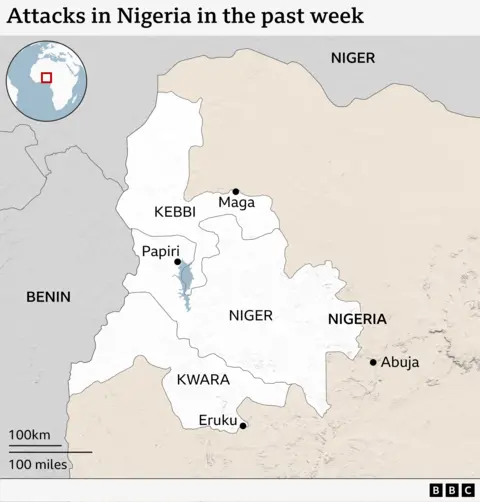 A map of Nigeria showing where last week's attacks have taken place - they are all in the west, from north-west, to south-west