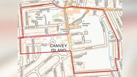 Essex Police Map of Canvey Island with a red line marking the zone of the dispersal order.