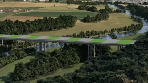 A green and white striped bridge running above trees and fields with a river running underneath