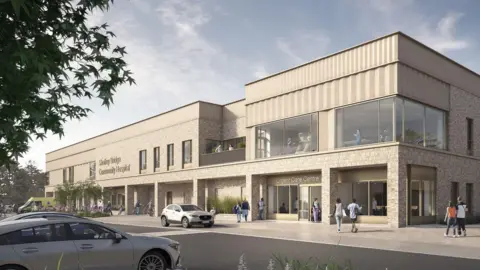 Medical Architect An artist's visualisation of the two-storey grey brick building with large windows. A sign on the front reads Shotley Bridge Community Hospital