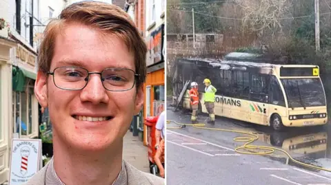 LDRS Herefordshire public transport campaigner Jago Frost is in the left-hand image, and the fire-damaged bus is seen with firefighters and hoses around it, in the right-hand image. The bus has Yeomans written on the side.