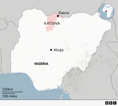 Map of Nigeria showing Katsina region highlighted and locators to mark the positions for Abuja, the capital, and Daura.