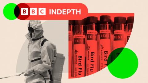 Composite image of someone in protective clothing and test vials for bird flu