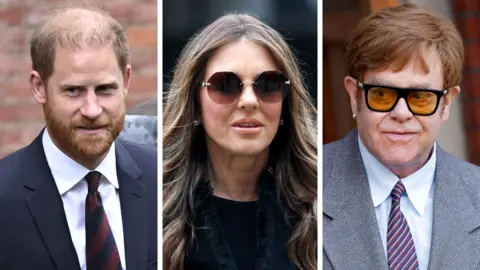 Prince Harry, Liz Hurley and Elton John attend court. 