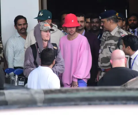 MEGA/GC Images Justin Bieber is seen arriving at Mumbai airport on July 5, 2024