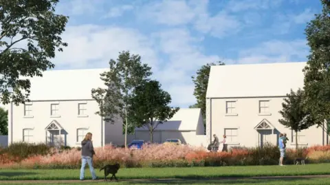 An artist's impression of what the development will look like, with a woman walking a black dog, a man holding a baby, two other people walking, and two houses, with a garage in the middle. It shows green grass, trees and a large blue sky. 