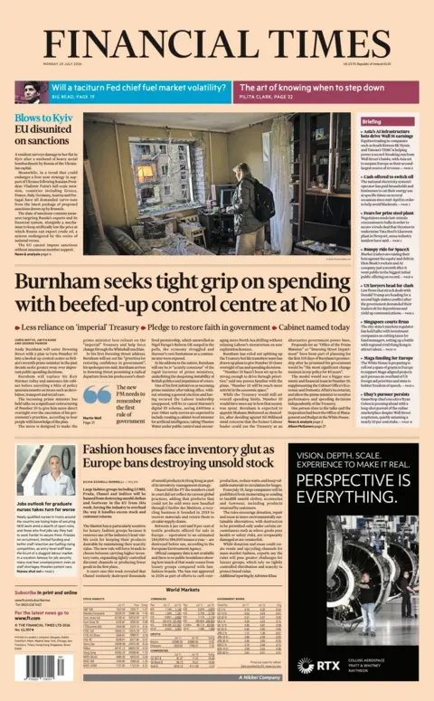 The headline on the front page of the Financial Times reads: “Burnham seeks tight grip on spending with beefed-up control centre at No 10”.