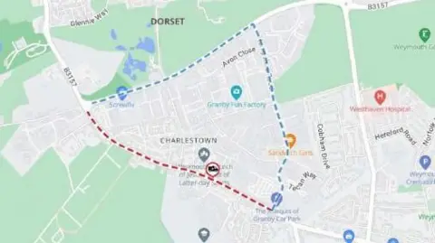 Dorset Council Map of Weymouth showing a revised travel route.
