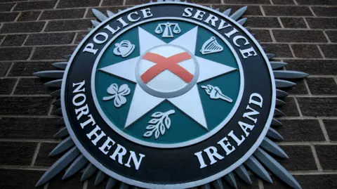 The PSNI emblem on a brick wall. St Patrick's saltire is in the centre of the emblem, with scales, a harp, a torch, a leaf, a shamrock and a crown surrounding it. 