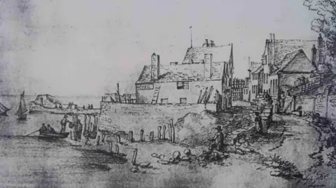 Lyme Regis Museum A black and white sketch of The Cobb in Lyme Regis after the 1824 storm. In the foreground on the shoreline are the ruins of a house. To the left is what remains of the harbour wall with a section of it reduced to rubble.