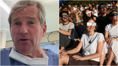 An eye surgeon wearing blue scrubs on one side and a group of people looking up at the sun wearing special glasses to view the solar eclipse on the other