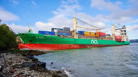 EPA A side view of the ship, taken from shore, shows the front of the boat run aground on a pebbly beach