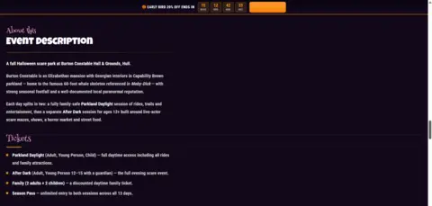 Supplied A screenshot of a website advertising an event. It has a dark blue background, with white writing. It features a description about an event and tickets.