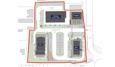 McGowan Grocott/Shropshire Council A map showing the Raven Cafe to the north of the site with Greggs to its east, then an access road and KFC and Starbucks to the south. Car parking spaces are marked in between the units. 