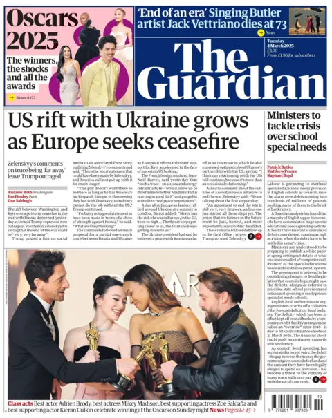 El titular en la página principal de The Guardian dice: "La grieta estadounidense con Ucrania crece a medida que Europa busca el alto el fuego."