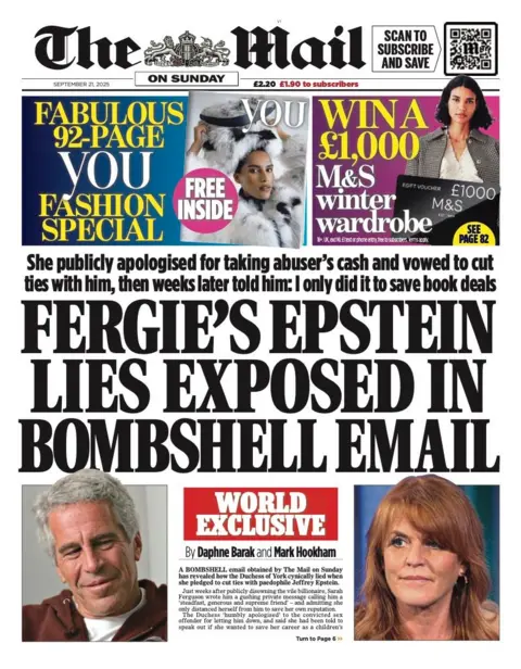 The headline on the front page of the Mail on Sunday reads: "Fergie's Epstein lies exposed in bombshell email".