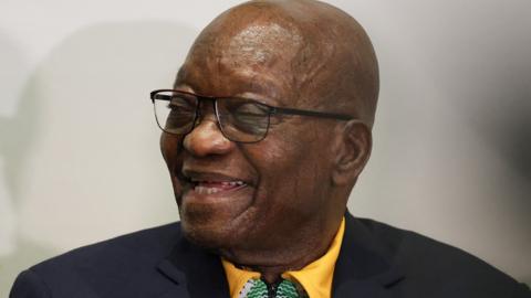 uMkhonto weSizwe (MK) party leader and South Africa's former president Jacob Zuma (C) gives a press conference in Johannesburg on June 16, 2024
