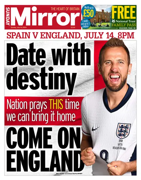 BBC The headline on the front page of the Sunday Mirror reads: "Date with destiny, come on England"