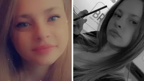 Staffordshire Police Two images of a woman are side by side. The face of the woman, who has partially brown hair, fills much of the colour photo on the left, while she is side on to the camera in the black-and-white image on the right.