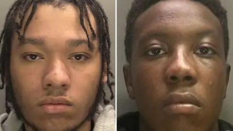 A composite image of custody images of men, the man on the left has short braids and a beard and slight moustache and the man on the right is clean shaven with short hair