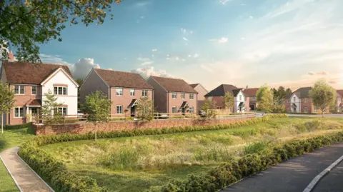Artist's impression of the completed Hayes View, an estate of two storey detached houses overlooking a grassy area