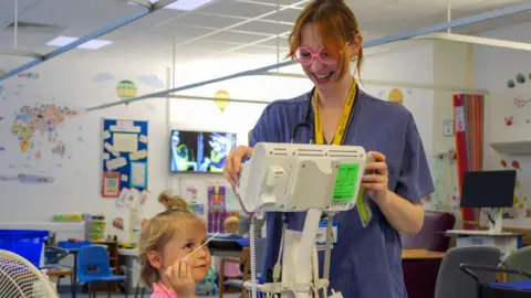 West Suffolk Hospital A young blonde girl and a nurse in a hospital room tinkering with a piece of medical equipment. 